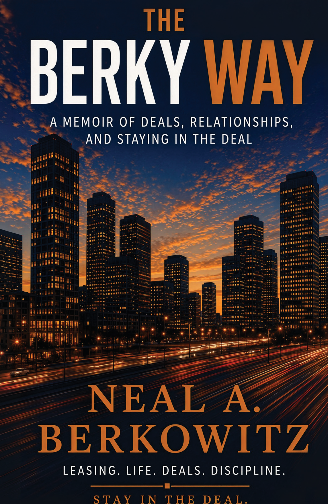 The Berky Way final cover: city skyline at sunset, by Neal A. Berkowitz
